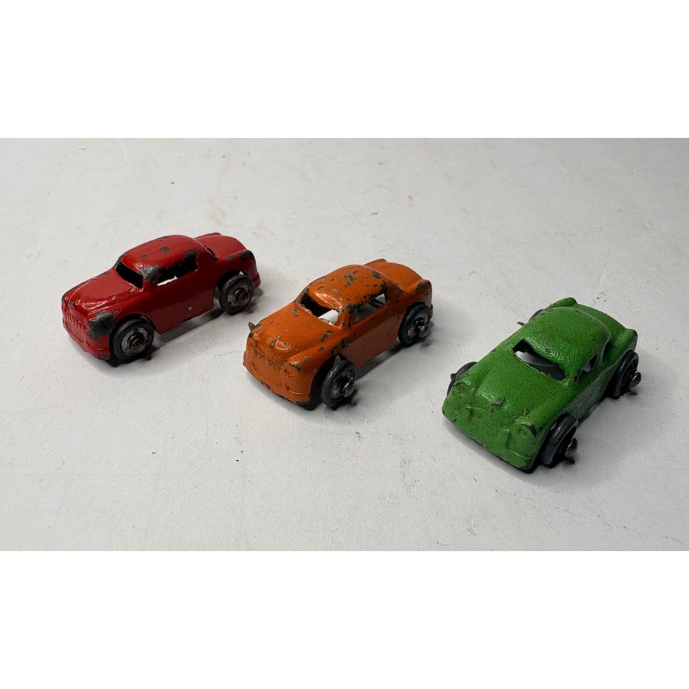 Vintage Cast Iron Toy Cars Set of 3 Miniature Red Orange Green Coupe A-35